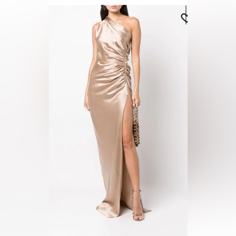 Michelle Mason asym silk gown, champagne - prom, bridesmaid / wedding guest